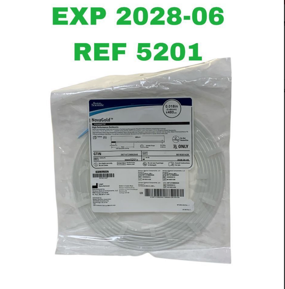 BOSTON SCIENTIFIC M00552010 NovaGold High Performance Guidewire Straight Tip 0.018in x 480cm EXP 2028 06