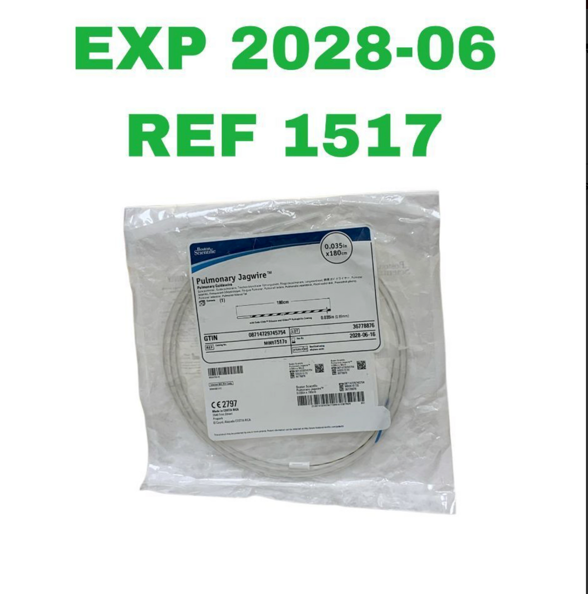 BOSTON SCIENTIFIC M00515170 Pulmonary Jagwire Guidewire 0.035in x 180cm EXP 2028 06