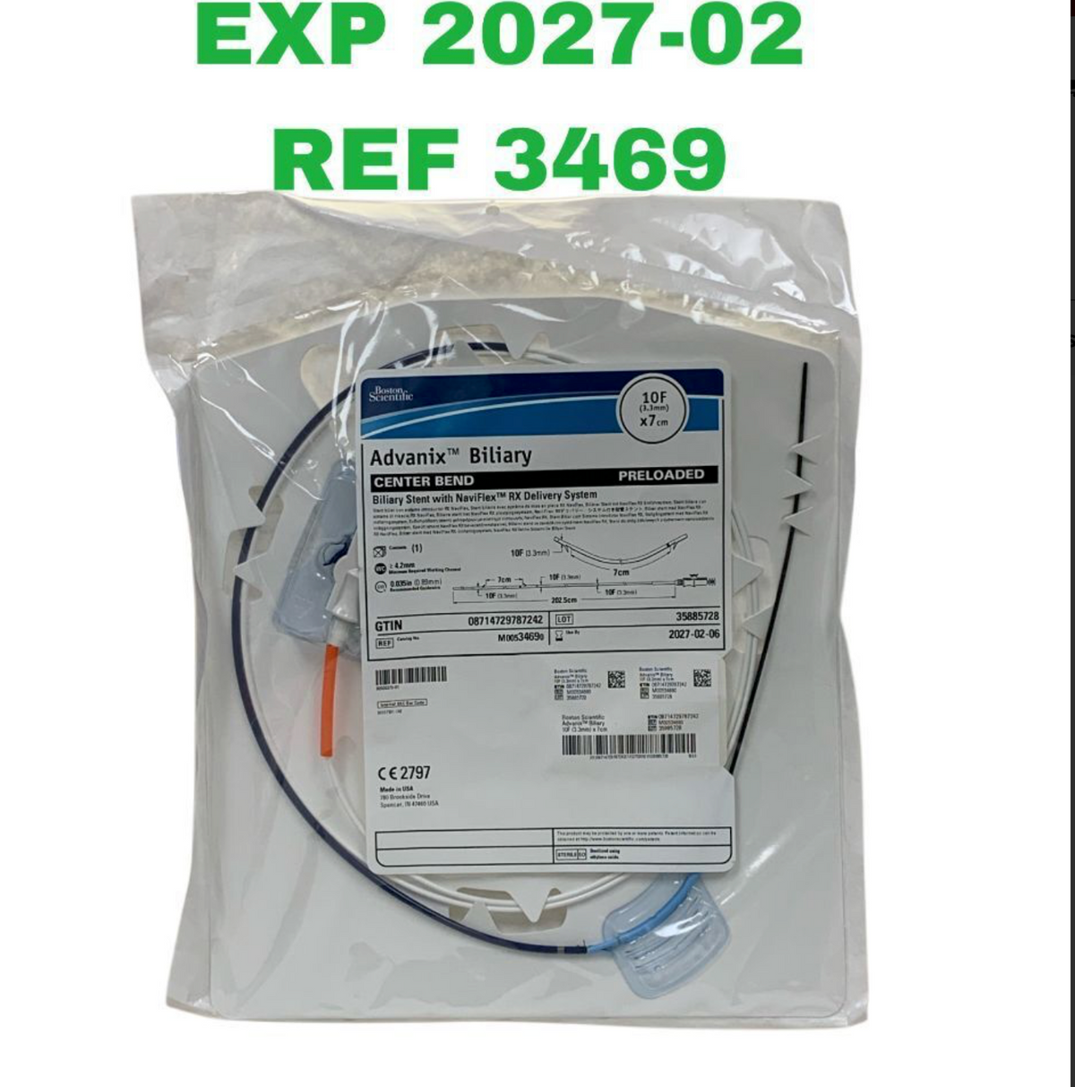 BOSTON SCIENTIFIC REF M00534690 Advanix Biliary Stent Center Bend Preloaded with NaviFlex RX Delivery System 10F x 7cm  EXP 2027 02
