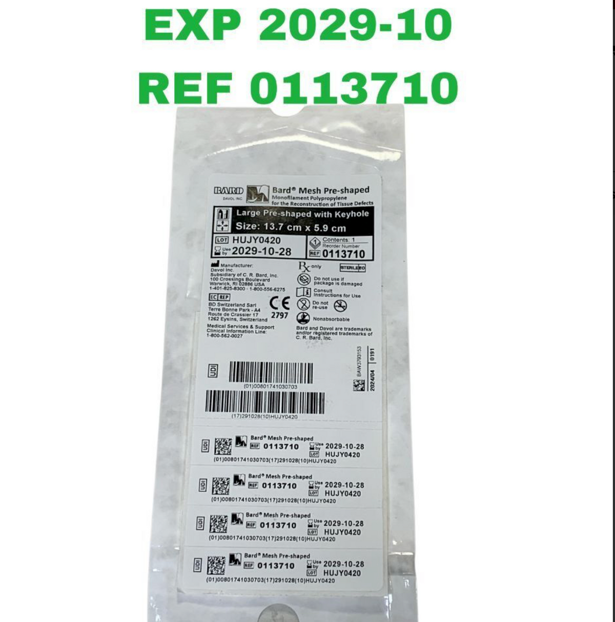 BARD 0113710 Pre-Shaped Mesh Large with Keyhole 13.7cm x 5.9cm EXP 2029 10