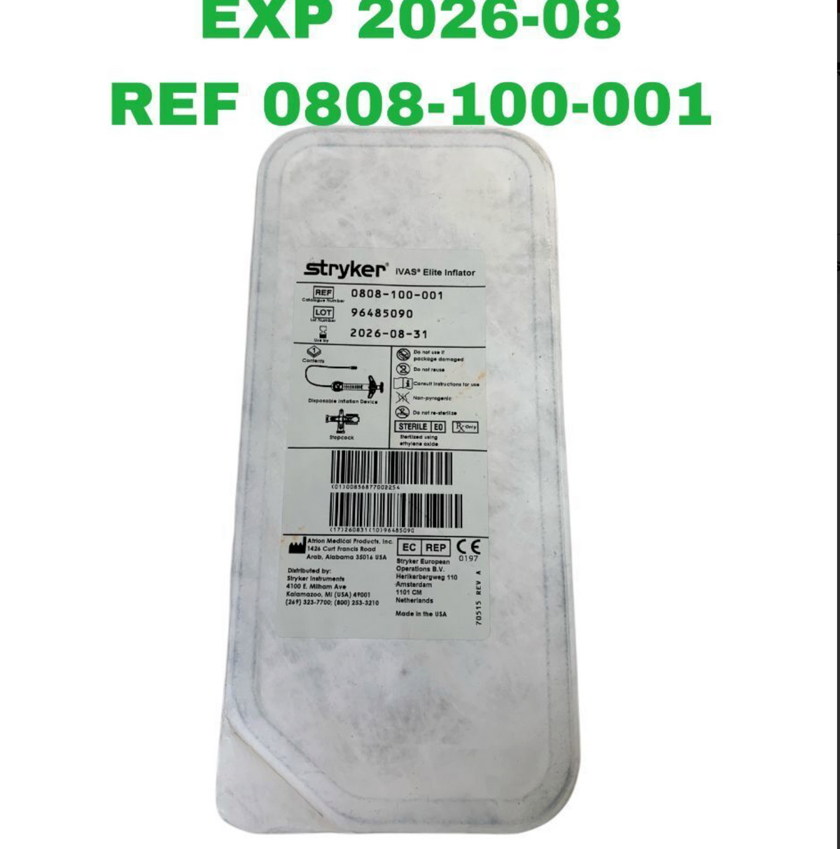 STRYKER 0808-100-001 iVAS Elite Inflator With Stopcock EXP 2026 08