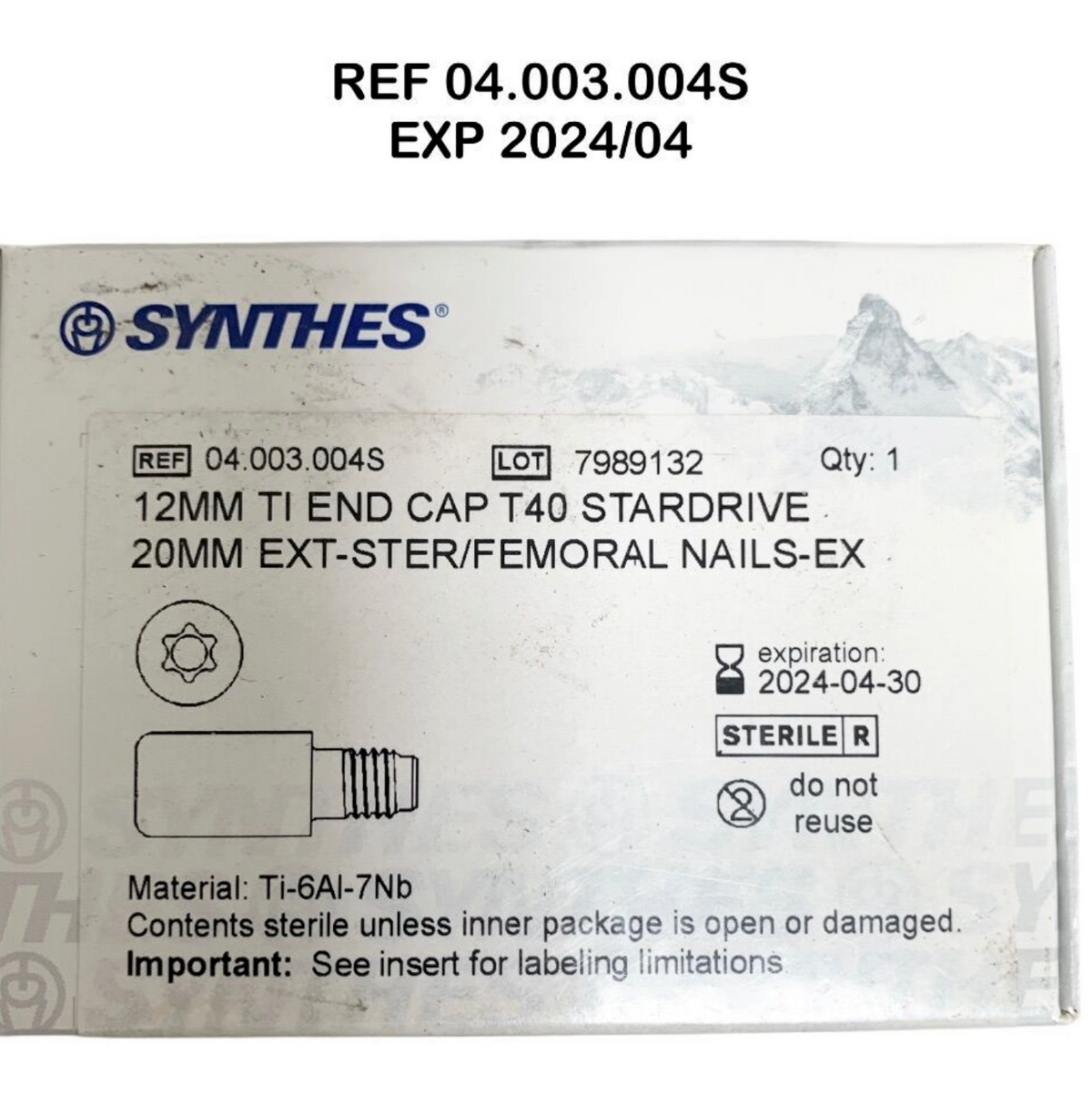 SYNTHES 04.003.004S 12MM TI END CAP T40 STARDRIVE 20MM EXT-STER/FEMORAL NAILS-EX EXP 2024 04