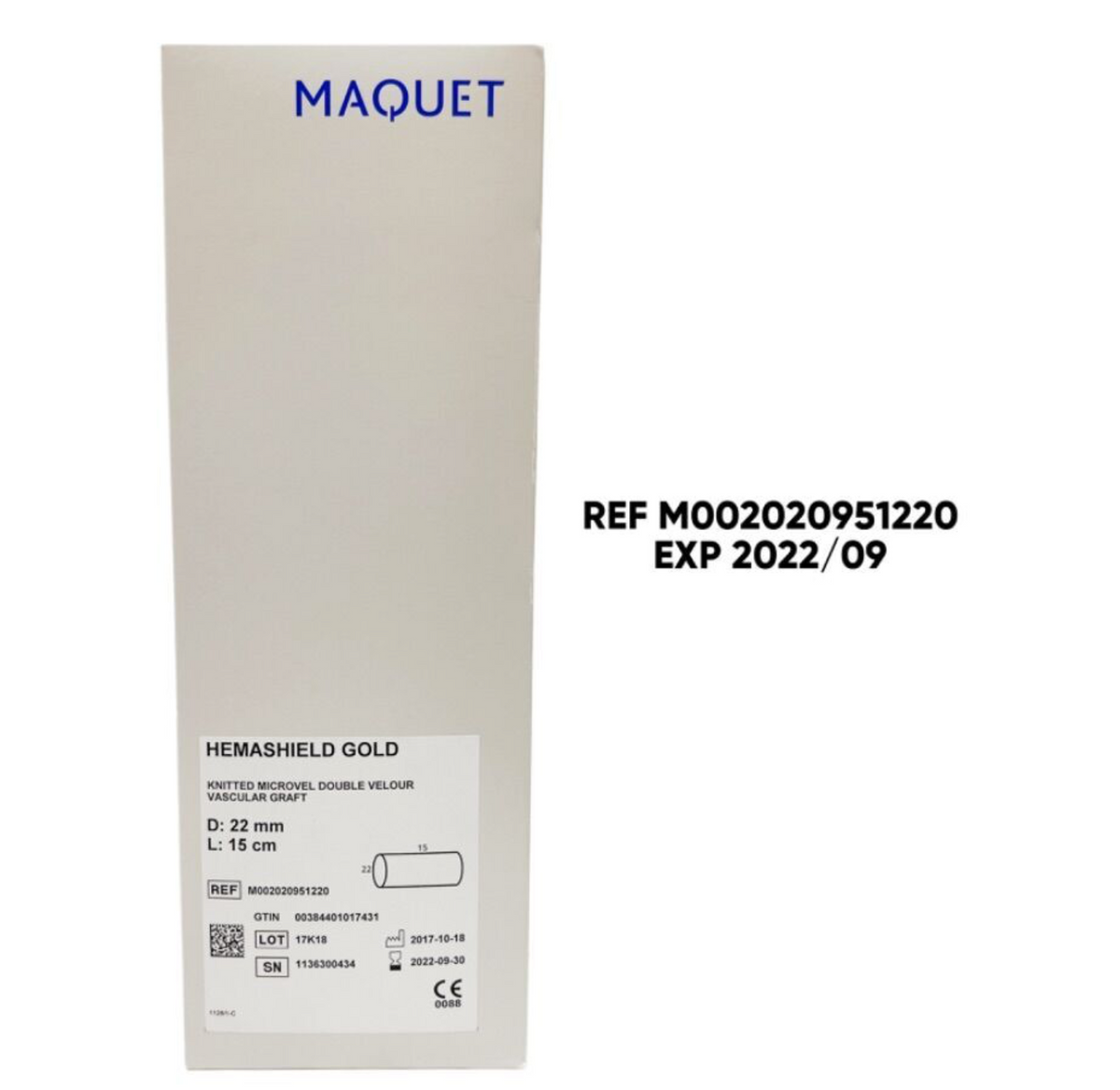 MAQUET MO02020951220 HEMASHIELD GOLD KNITTED MICROVEL DOUBLE VELOUR VASCULAR GRAFT D: 22 mm L: 15 cm EXP 2022 09
