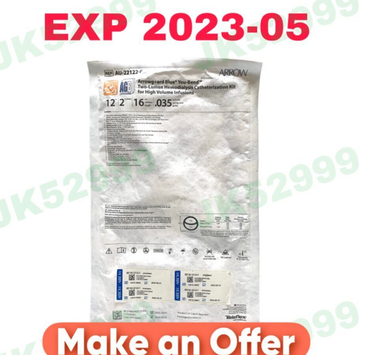 ARROW AU-22122-F Arrowg+ard Blue You-Bend Two-Lumen Hemodialysis Catheterization Kit EXP 2023 05