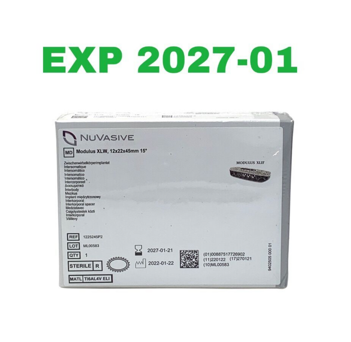 NUVASIVE 1225245P2 Modulus XLW 12x22x45mm 15 DEGREE EXP 2027 01