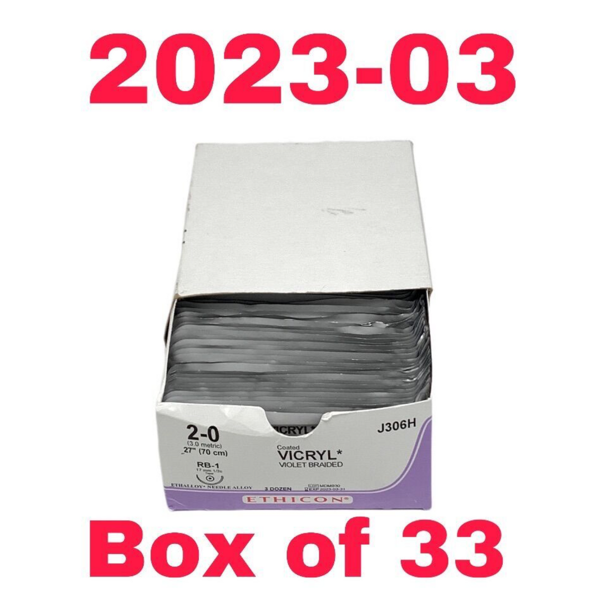 ETHICON J306H Coated VICRYL VIOLET BRAIDED 2-0 BOX OF 33 EXP 2023 03