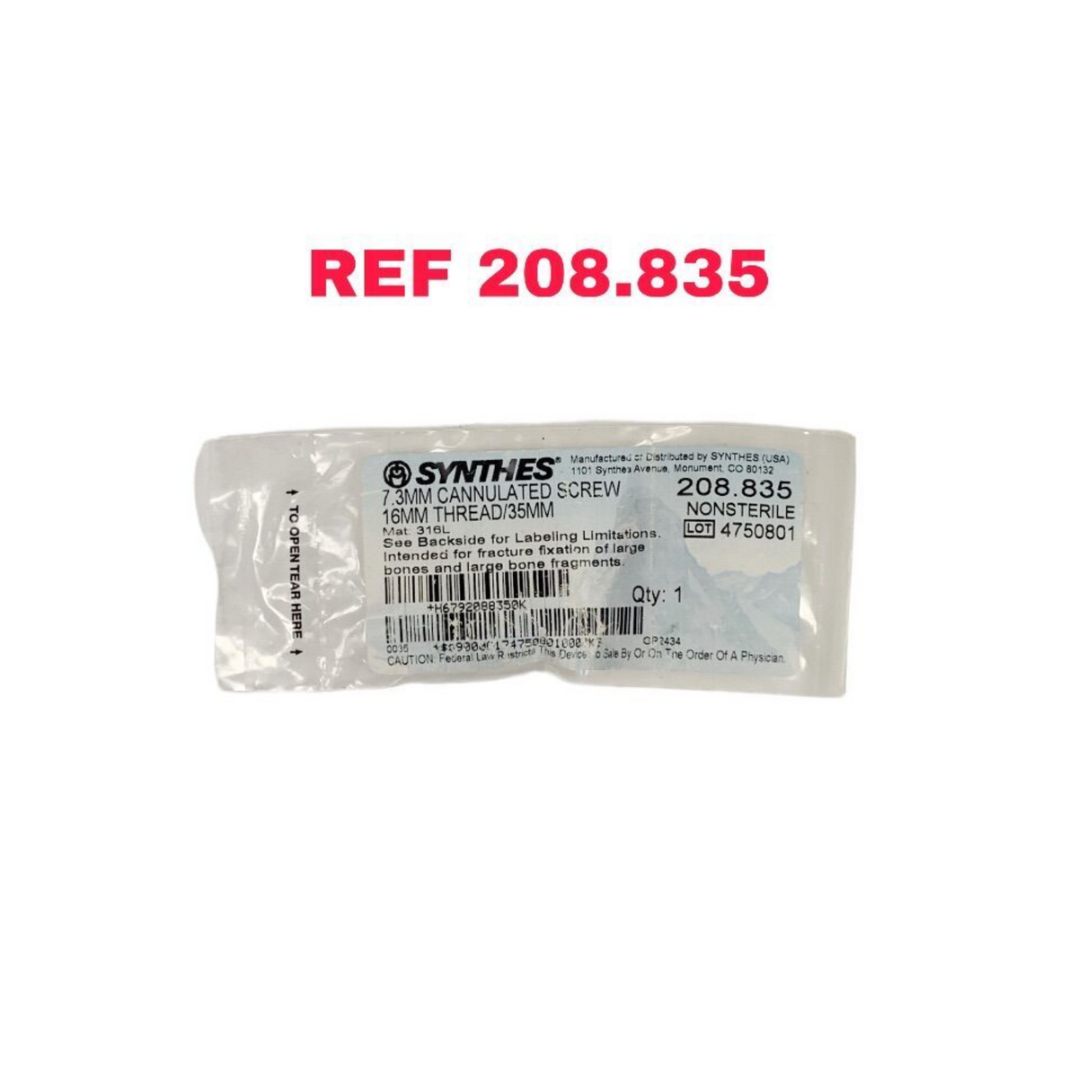 SYTHES 208.835 7.3MM CANNULATED SCREW 16MM THREAD 35MM