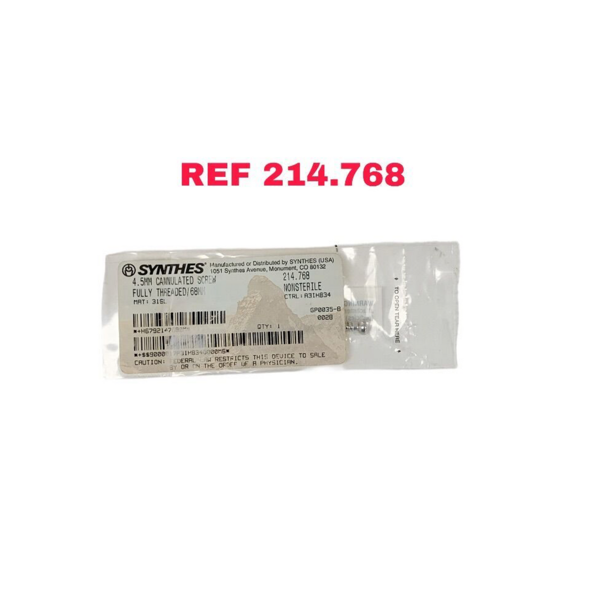 SYNTHES 214.768 4.5MM CANNULATED SCREW FULLY THREADED 68MM