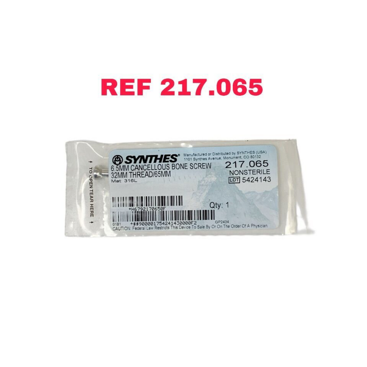 SYNTHES 217.065 6.5MM CANCELLOUS BONE SCREW 32MM THREAD 65MM
