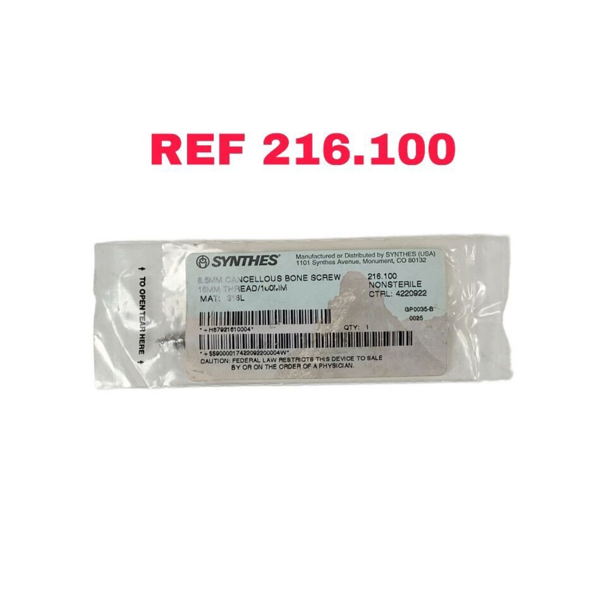 SYNTHES 216.100 8.5MM CANCELLOUS BONE SCREW 16MM THREAD 100MM