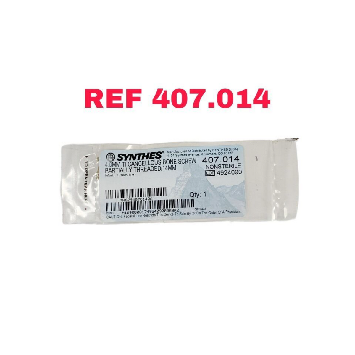 SYNTHES 407.014 4.0MM TI CANCELLOUS BONE SCREW PARTIALLY THREADED 14MM