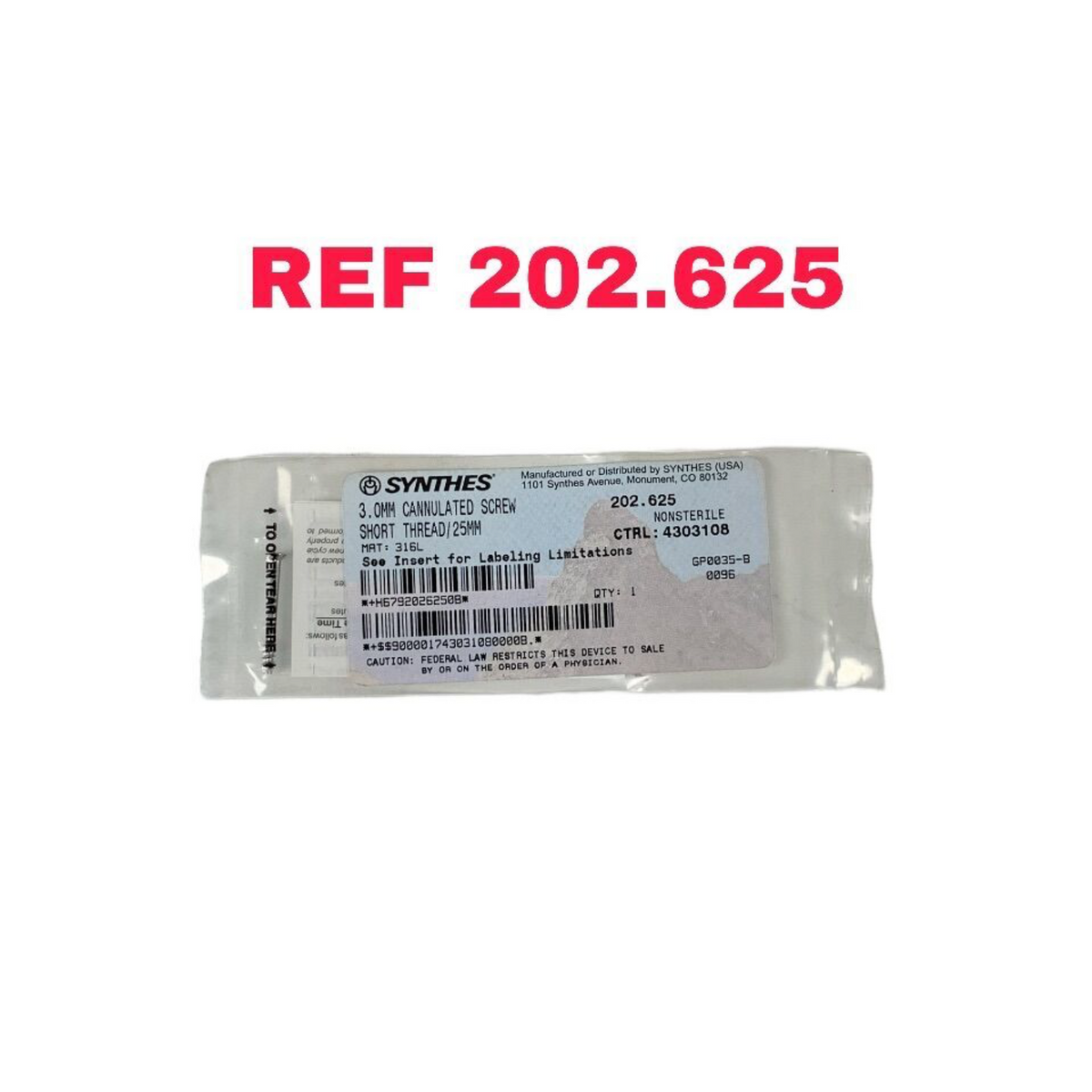 SYNTHES 202.625 3.0MM CANNULATED SCREW SHORT THREAD 25MM