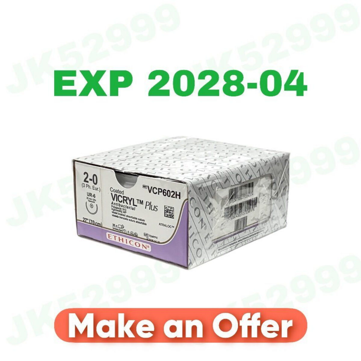 ETHICON VCP602H Coated VICRYL Plus Antibacterial Polyglactin 910 Irgacare MP violet braided absorbable suture EXP 2028 04