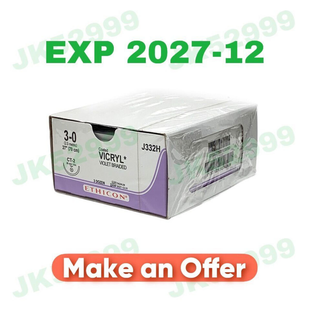 ETHICON J332H Coated VICRYL (Polyglactin 910) Suture VIOLET BRAIDED EXP 2027 12