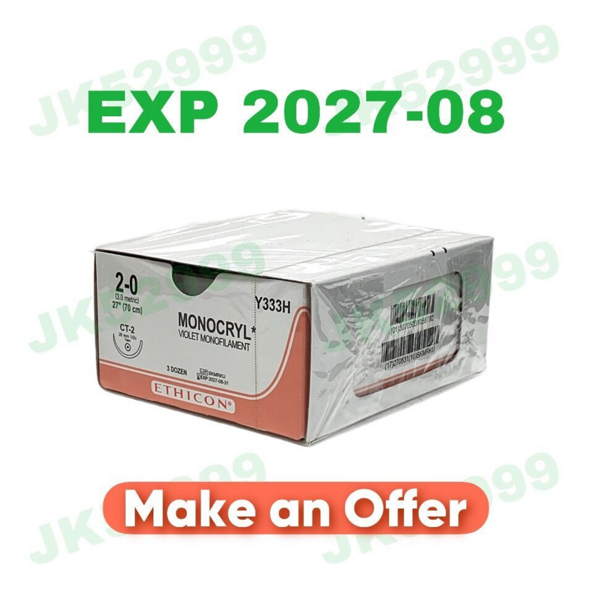 ETHICON Y333H MONOCRYL (Poliglecaprone 25) Suture VIOLET MONOFILAMENT EXP 2027 08