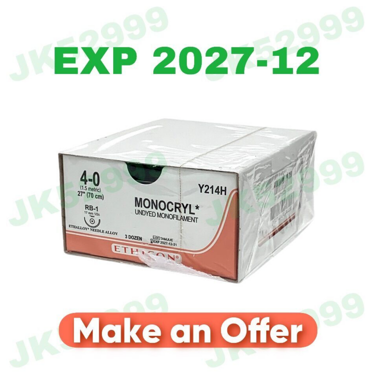 ETHICON Y214H MONOCRYL UNDYED MONOFILAMENT EXP 2027 12
