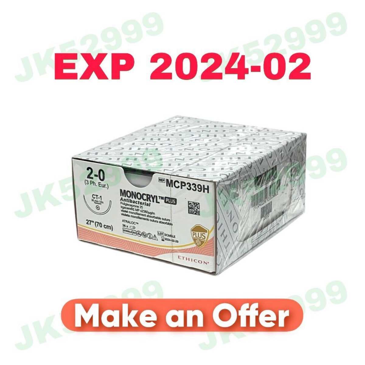ETHICON MCP339H MONOCRYL PLUS ANTIBACTERIAL VIOLET MONOFILAMENT ABSORBABLE SUTURE EXP 2024 02