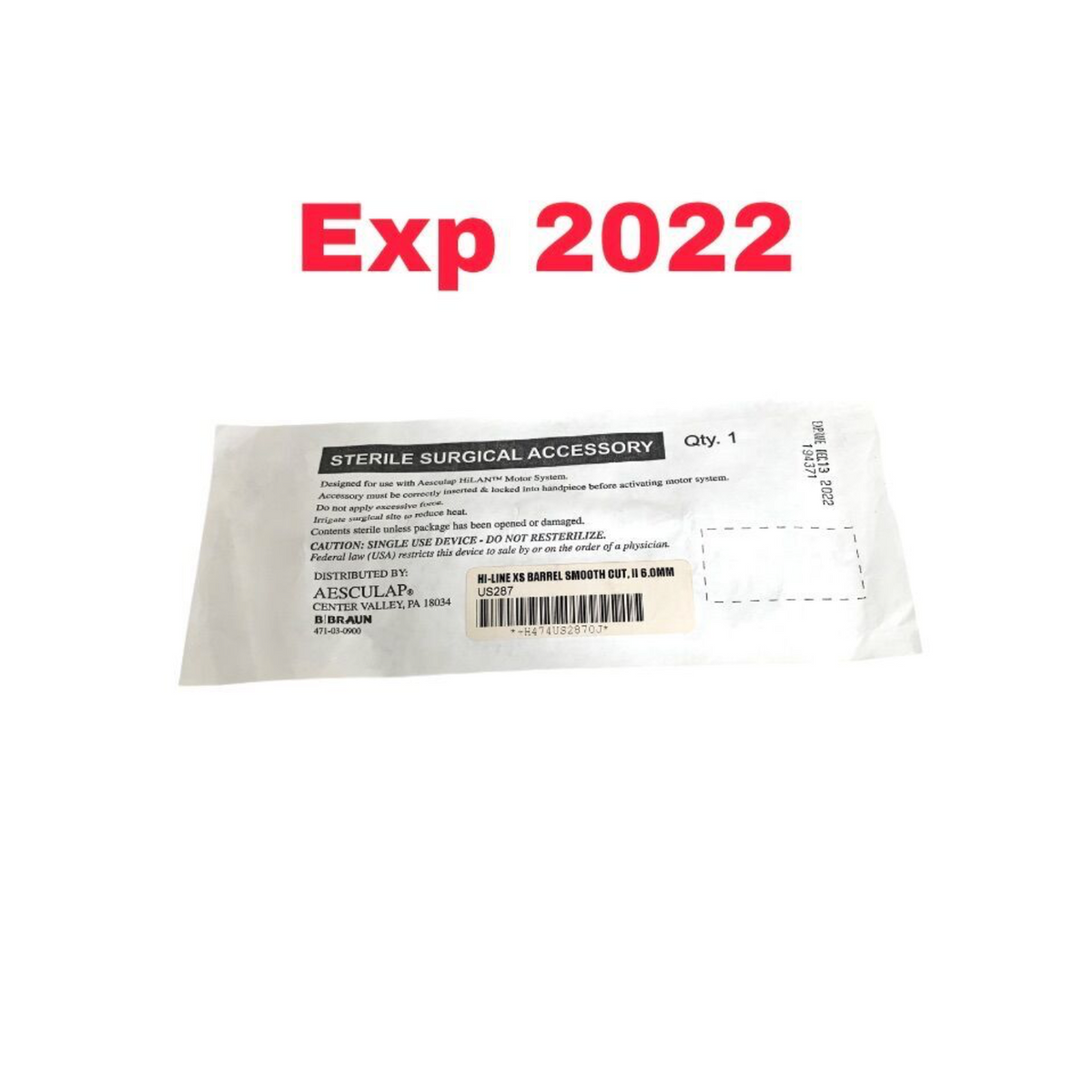 AESCULAP B Braun US287 HI-LINE XS BARREL SMOOTH CUT II 6.0MM EXPIRED 2022 12