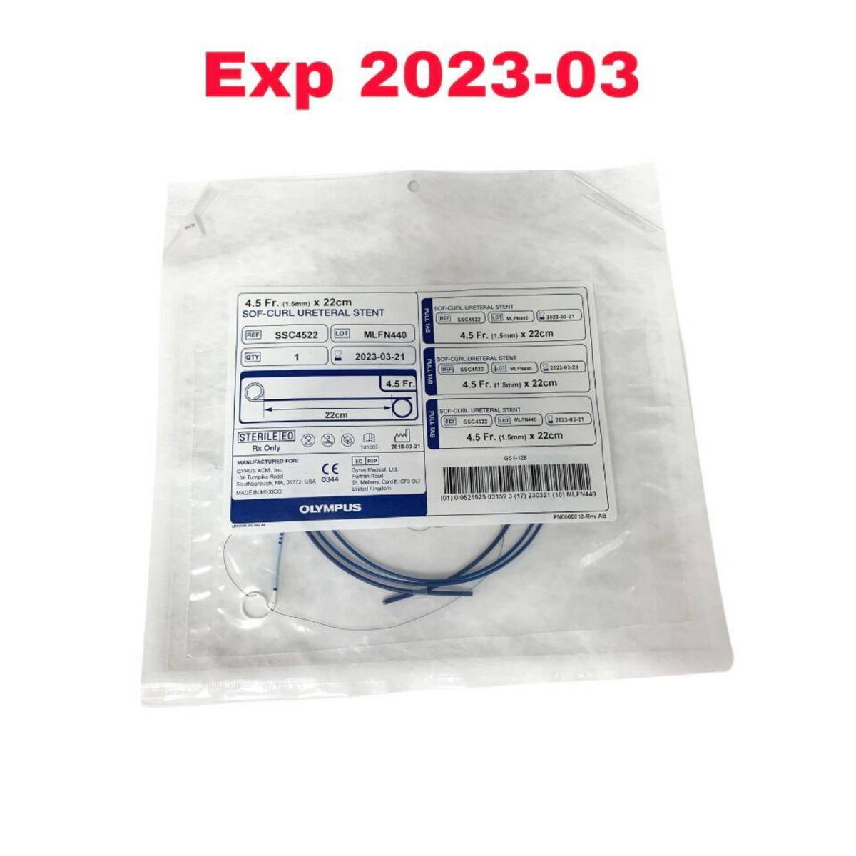 OLYMPUS SSC4522 4.5 Fr. (1.5mm) x 22cm SOF-CURL URETERAL STENT EXPIRED