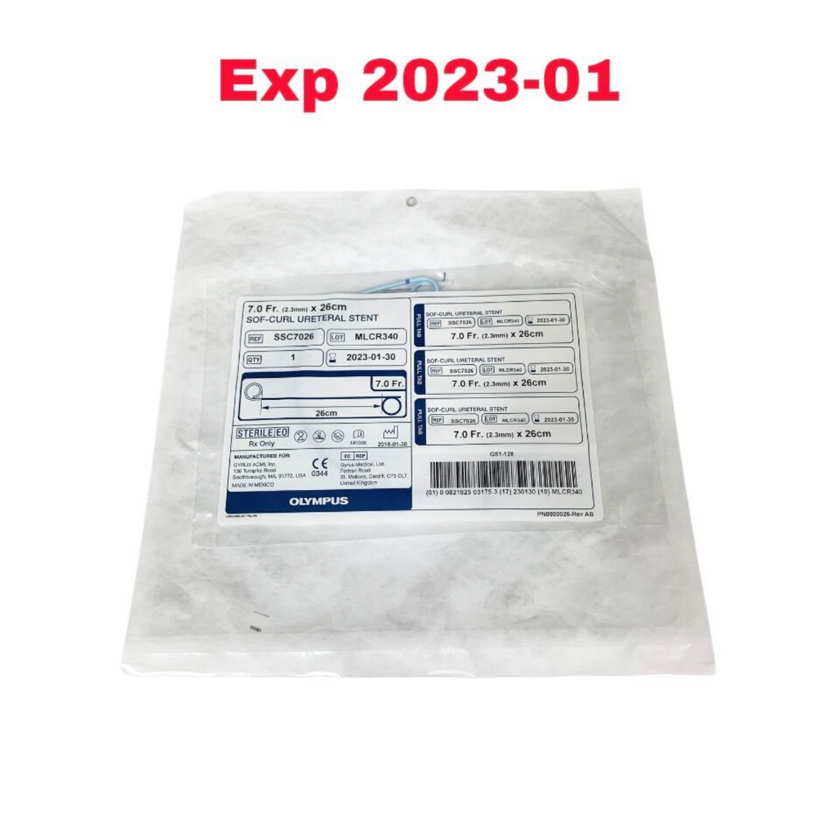 OLYMPUS SSC7026 7.0 Fr. (2.3mm) x 26cm SOF-CURL URETERAL STENT EXPIRED