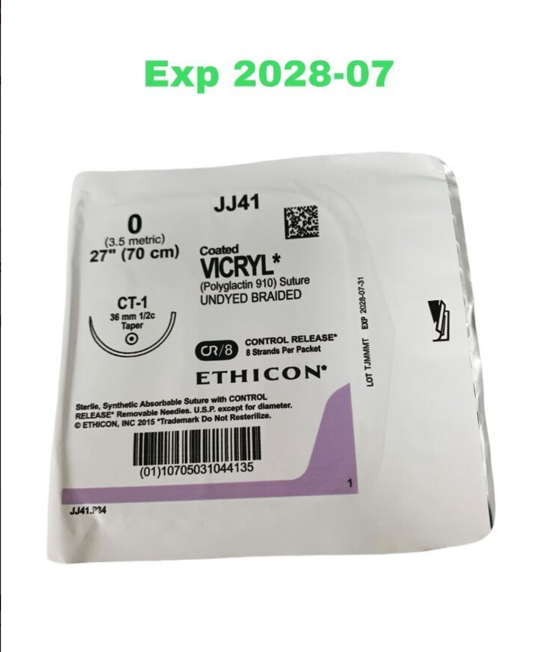 ETHICON JJ41 VICRYL (Polyglactin 910) Suture UNDYED BRAIDED Exp 2028 07 31