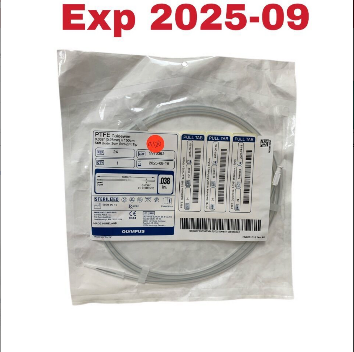 OLYMPUS 24 PTFE Guidewire 0.038 inch 0.97mm x 150cm Stiff Body 3cm Straight Tip Exp 2025 09