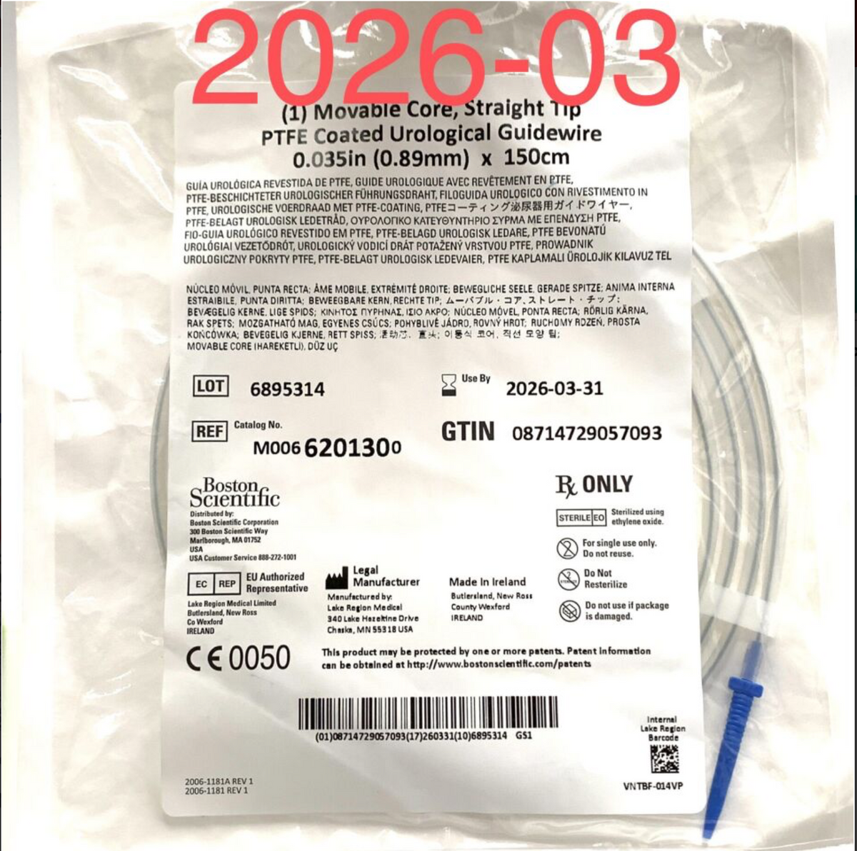 BOSTON SCIENTIFIC M0066201300 PTFE COATED UROLOGICAL GUIDWEWIRE EXP 2026 03