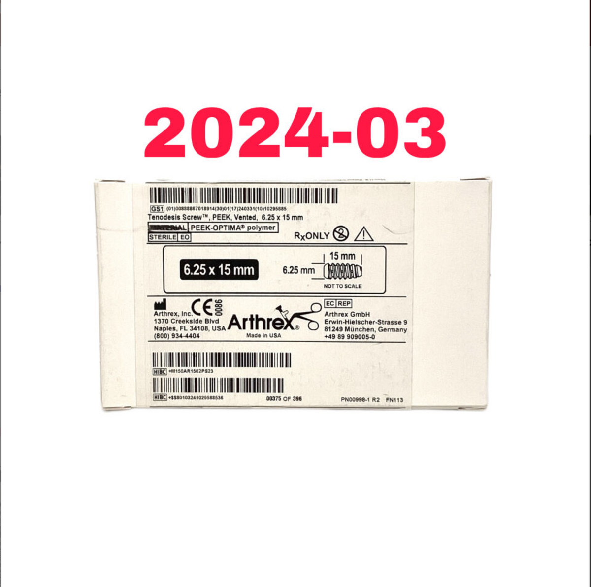 ARTHREX AR-1562PS TENODESIS SCREW, PEEK VENTED EXP 2024 03