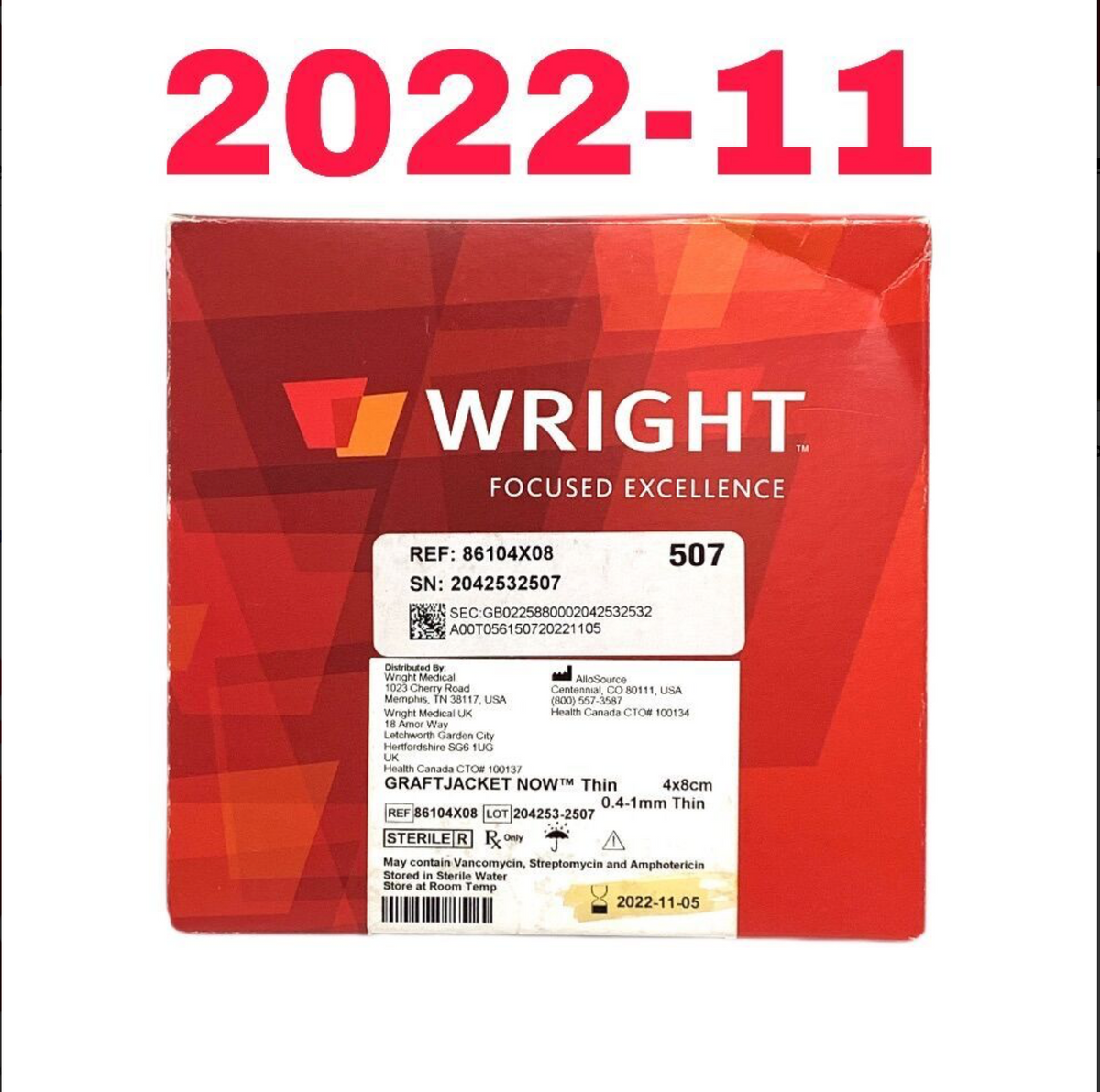 WRIGHT MEDICAL 86104X08 GRAFTJACKET NOW THIN EXP 2022 11