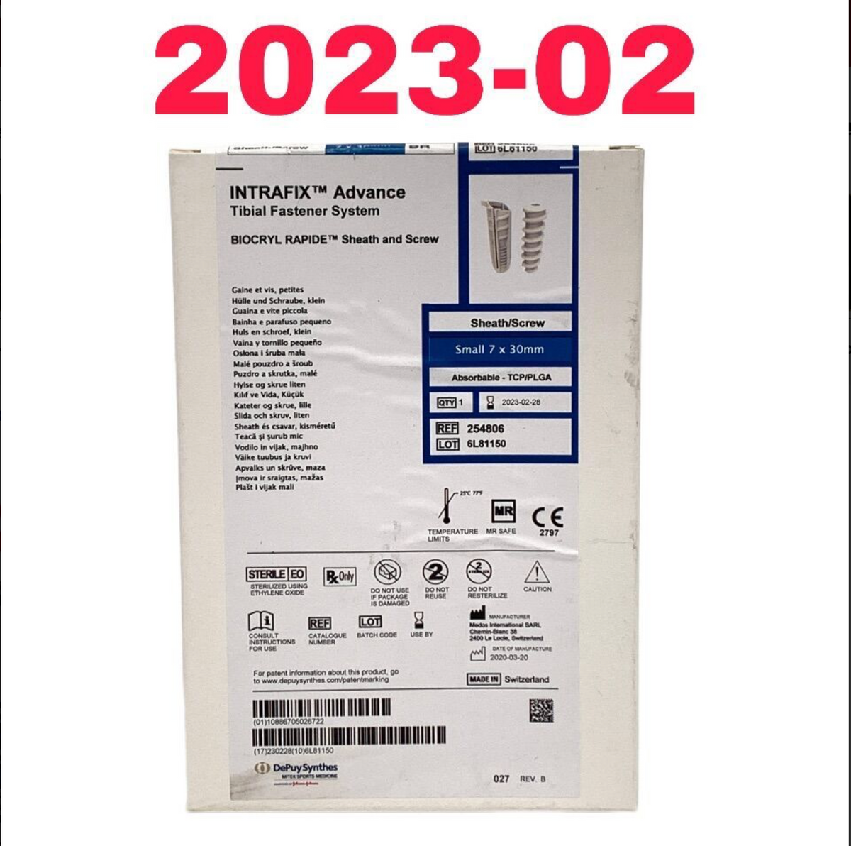 DEPUY SYNTHES 254806 INTRAFIX Advance Tibial Fastener System BIOCRYL RAPIDE Sheath and Screw EXP 2023 02