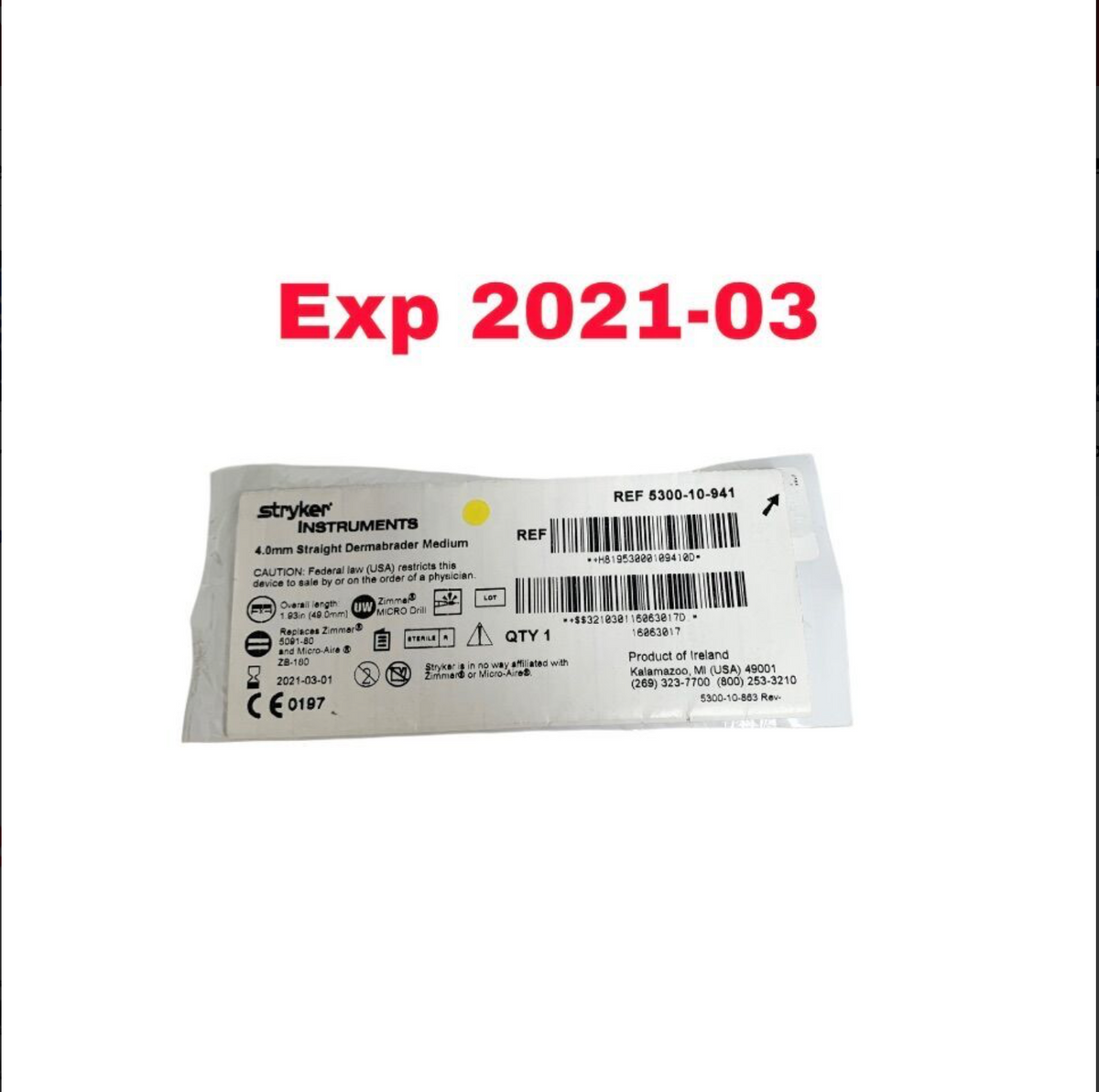 STRYKER 5300-10-941 4.0mm Straight Dermabrader Medium EXPIRED 2021 03