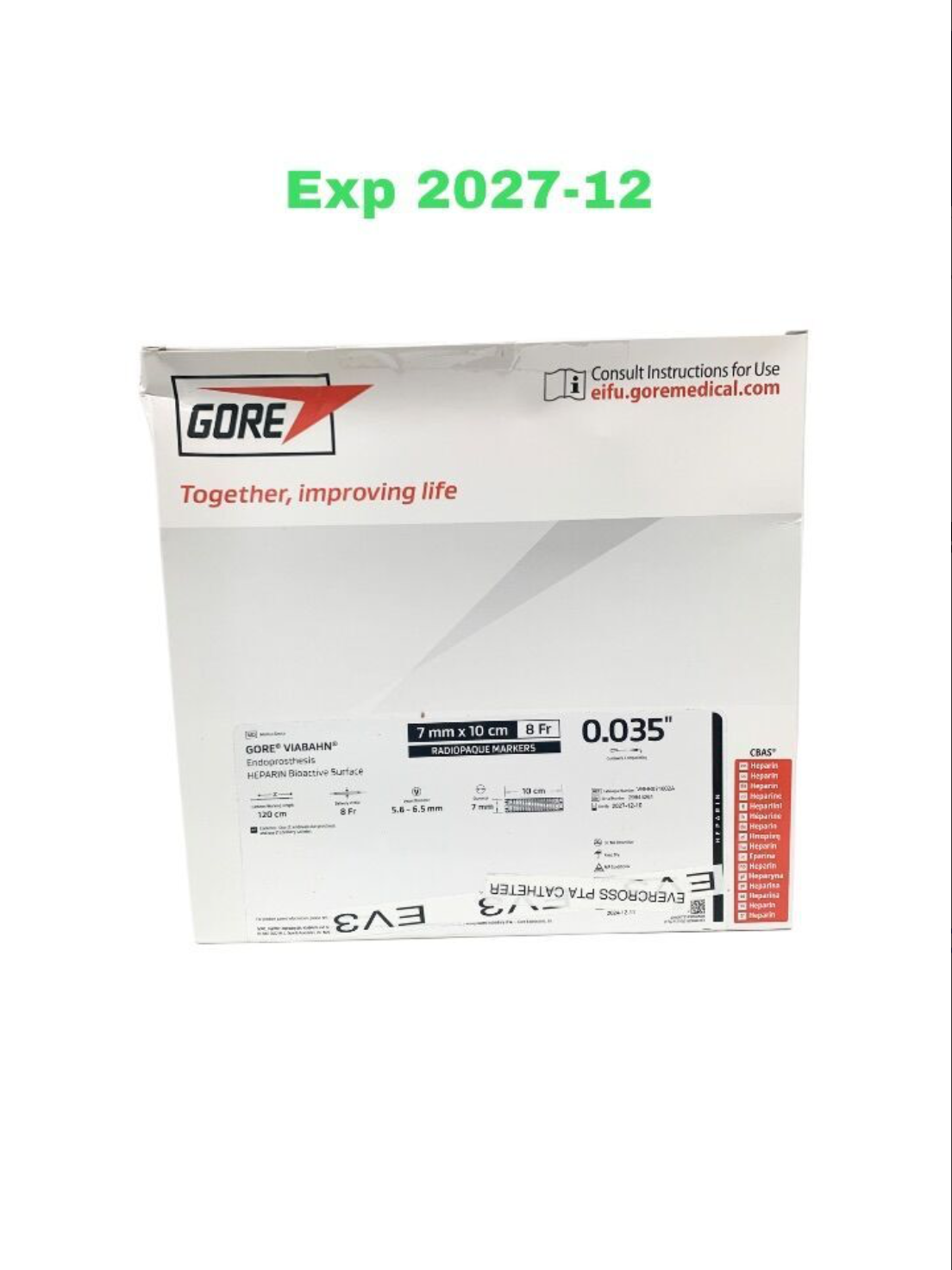 GORE VBHR071002A GORE VIABAHN Endoprosthesis HEPARIN Bioactive SURFACE 7 mm x 10 cm 8 Fr RADIOPAQUE MARKERS EXP 2027 12