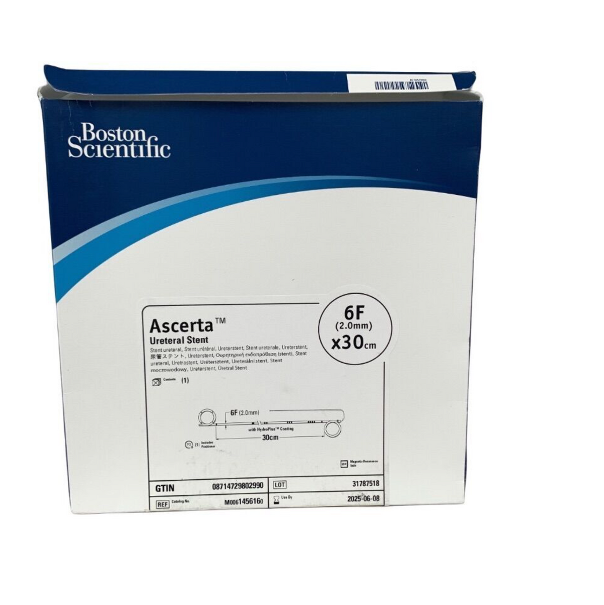 BOSTON SCIENTIFIC M0061456160 Ascerta Ureteral Stent 6F (2.0mm) x 30cm HydroPlus Coating Exp 2025 06