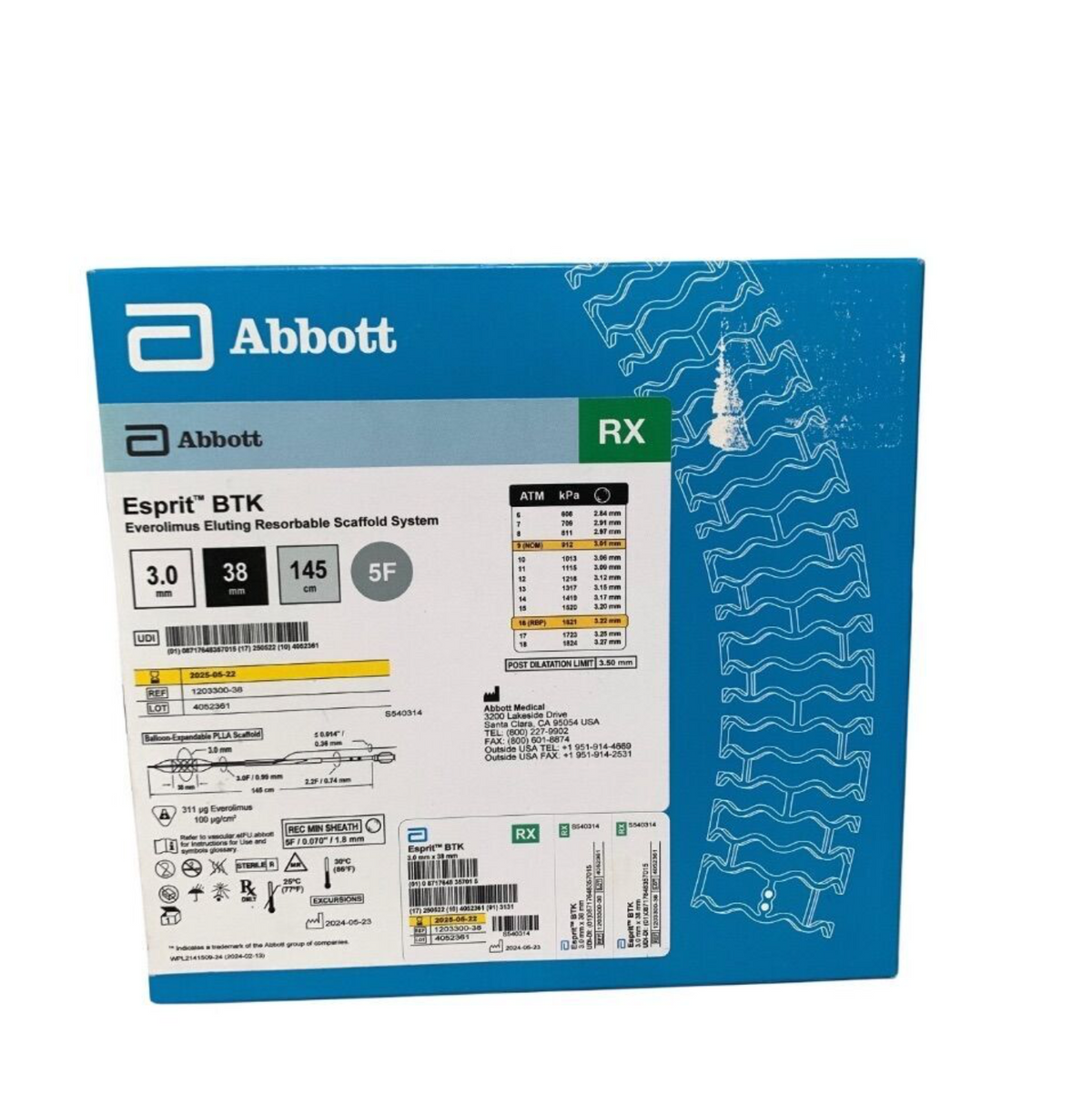 ABBOTT 1203300-38 Esprit BTK Everolimus Eluting Resorbable Scaffold 3.0mm x 38mm 5F Exp.2025 05