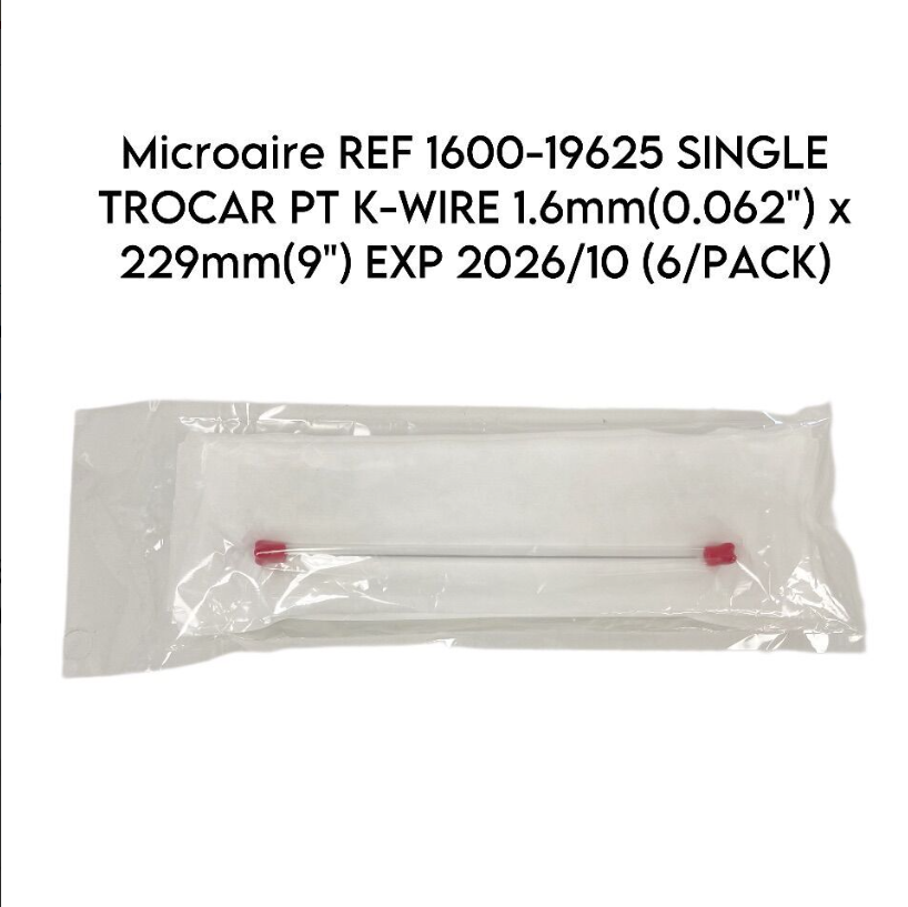 MICRO-AIRE 1600-19625 SINGLE TROCAR PT K-WIRE 1.6mm(0.062") x 229mm(9") EXP 2026 10 (6/PACK)