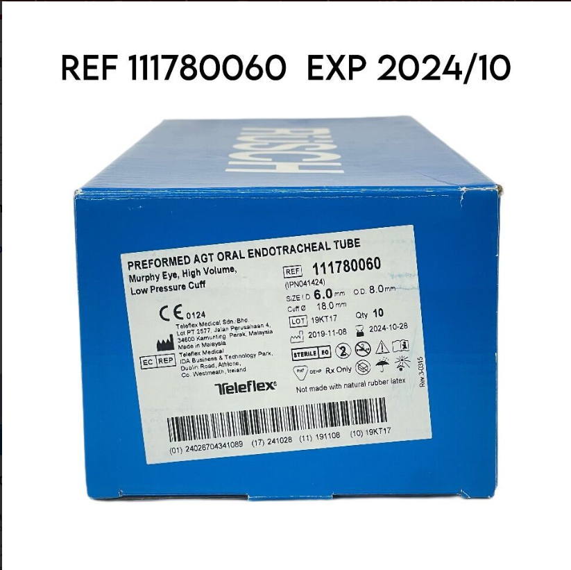 TELEFLEX 111780060 PREFORMED AT ORAL ENDOTRACHEAL TUBE Murphy Eye High Volume Low Pressure Cuff, EXP 2024 10 ( BOX OF 10)