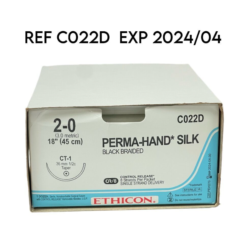 ETHICON CO22D PERMA-HAND SILK/ BLACK BRAIDED 2-0 (3.0 metric) 18" (45 cm) СТ-1 36mm 1/2c Taper, (12/BOX),EXP 2024 04