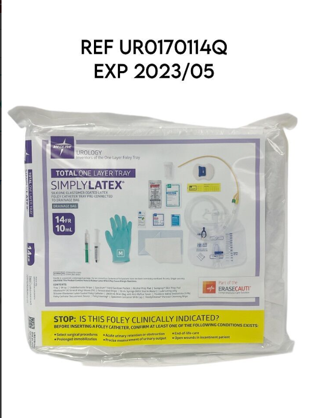 MEDLINE UR0170114Q Simplylatex Silicone Elastomer Latex Foley Catheter Tray Pre-Connected Drainage Bag,Exp 2023 05