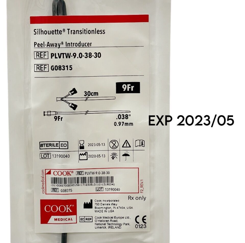 COOK MEDICAL G08315 SILHOUETTE TRANSITIONLESS PEEL-AWAY INTRODUCER 9F X 30CM EXP 2023 05