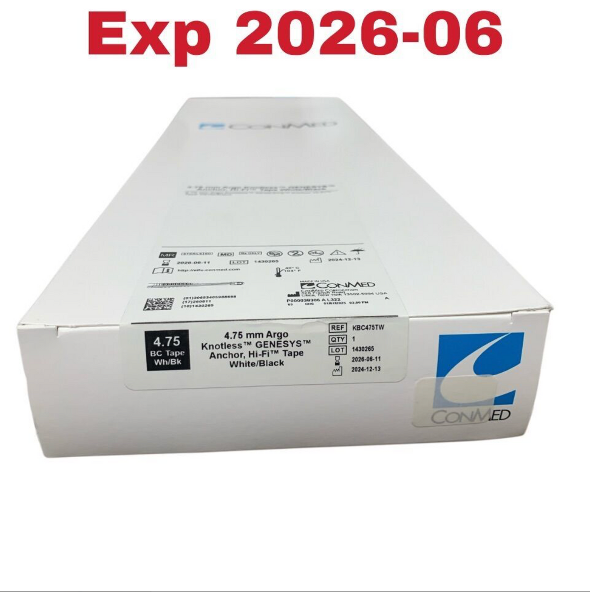 CONMED KBC475TW 4.75 mm Argo Knotless GENESYS Anchor Hi-Fi Tape White Black Exp 2026 06