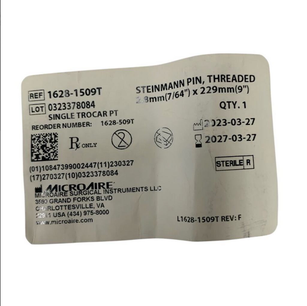 MICRO-AIRE 1628-1509T Steinmann Pin Threaded Single Trocar PT 2.8mm 7/64 x 229mm 9 Exp 2027 03
