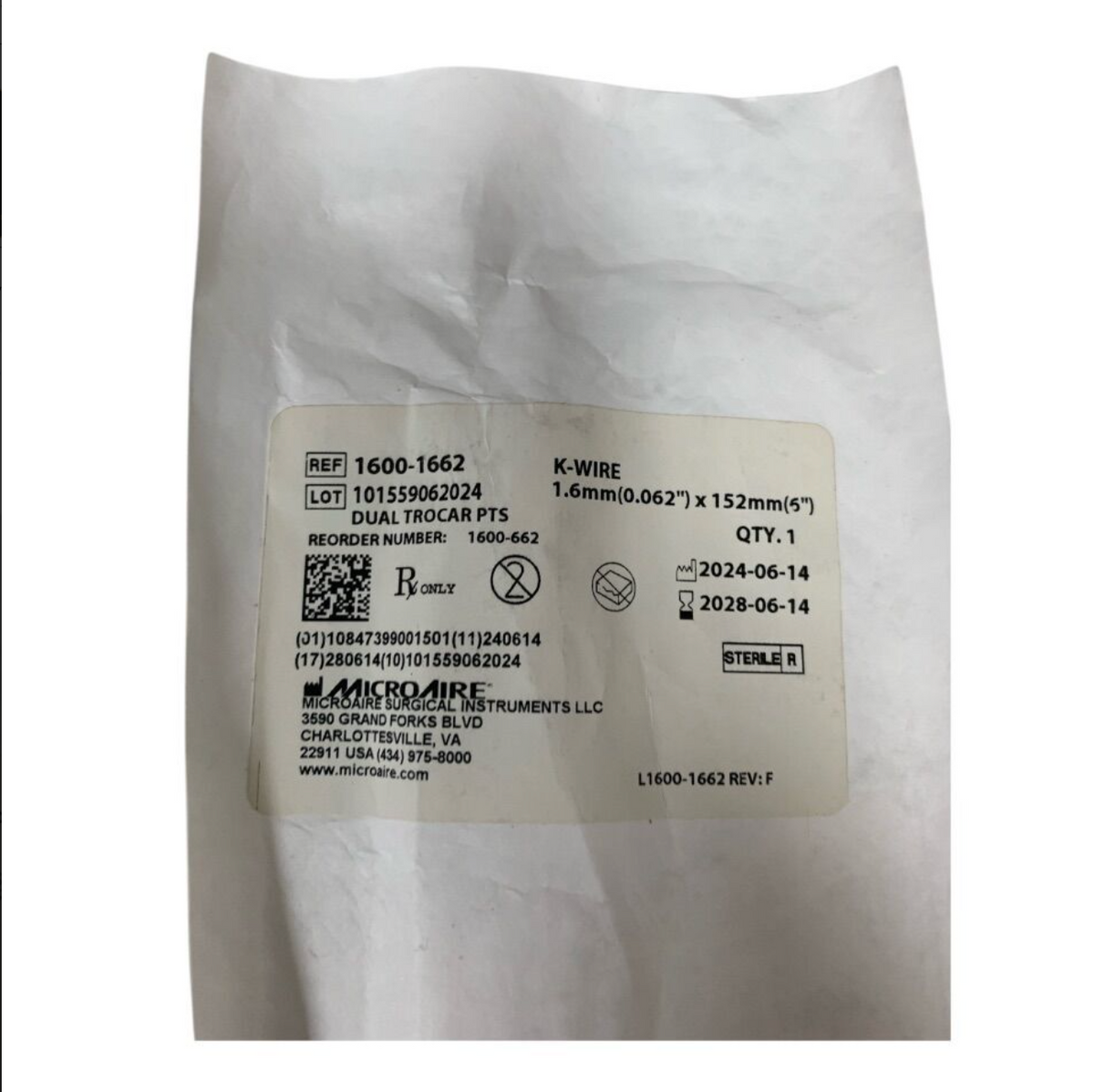 MICRO-AIRE 1600-1662 K-Wire Dual Trocar Points 1.6mm(0.062") x 152mm(5") Exp 2028 06