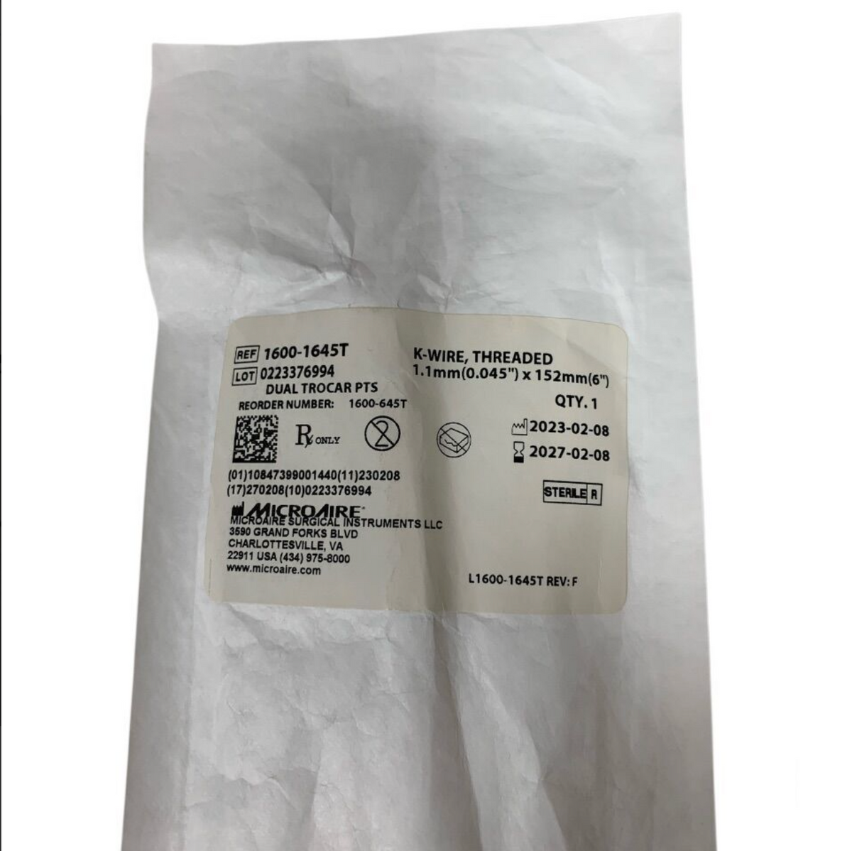 MICRO-AIRE 1600-1645T K-Wire Threaded Dual Trocar Pts 1.1mm(0.045") x 152mm(6") Exp 2027 02