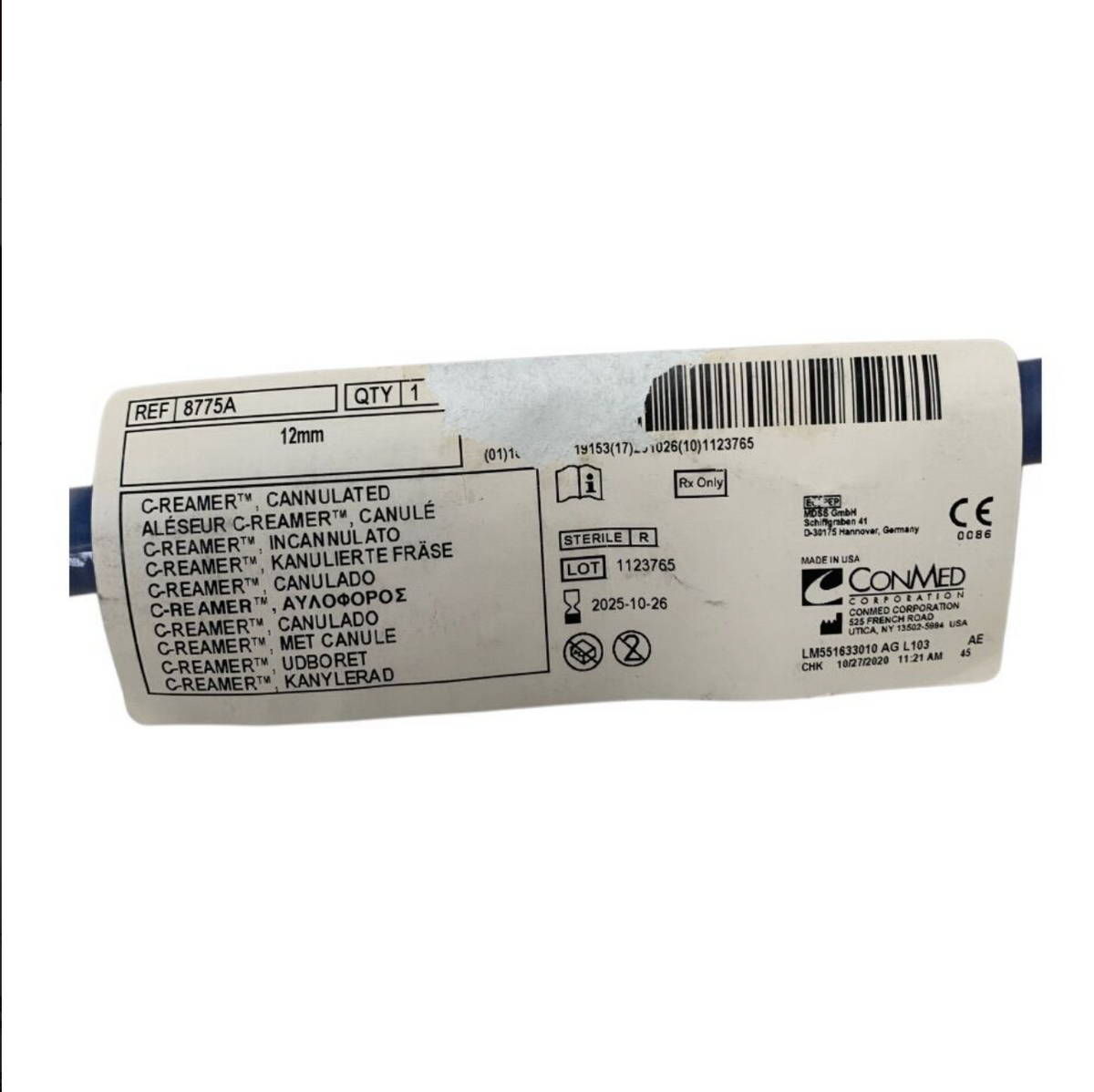 CONMED 8775A Cannulated C-Reamer 12mm Exp 2025 10