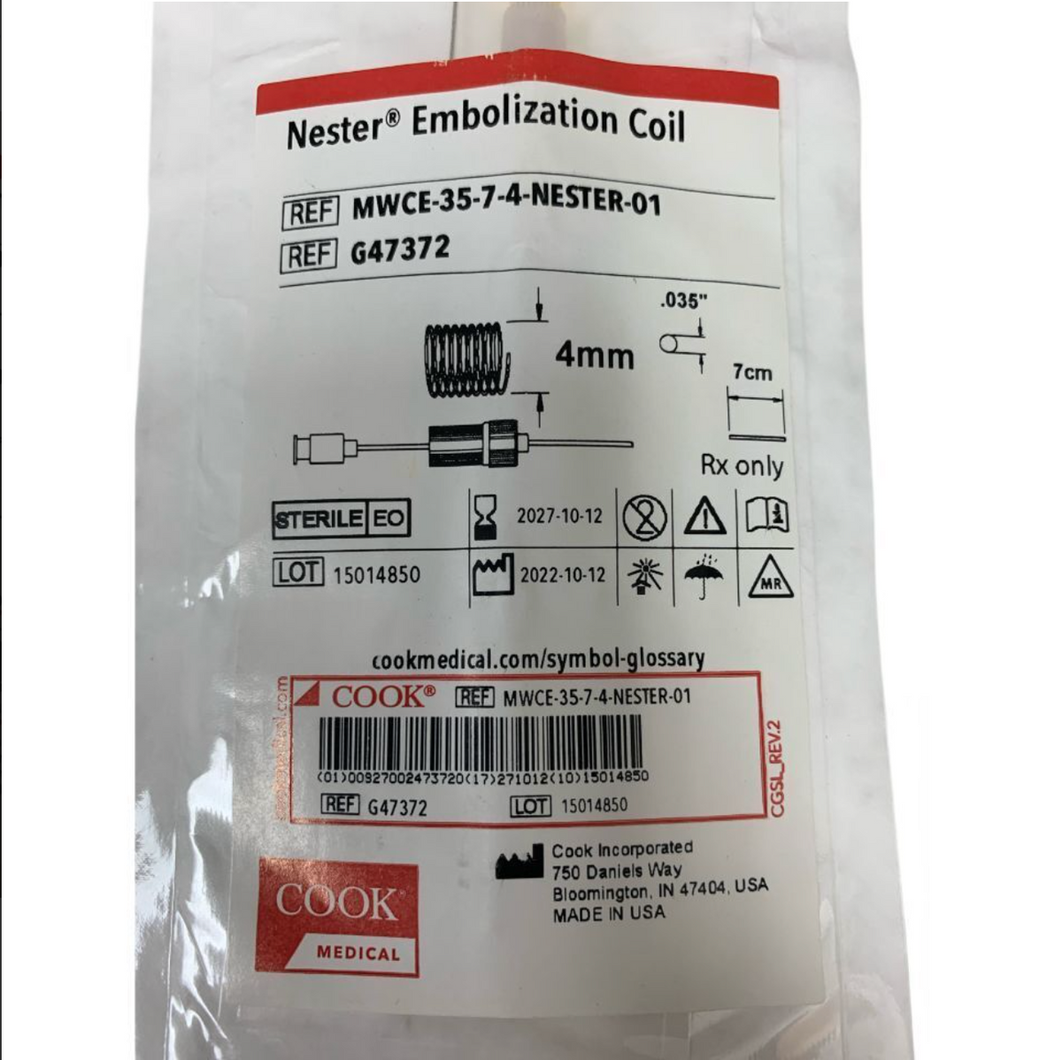 COOK G47372 MWCE-35-7-4-NESTER-01 Nester Embolization Coil 035in 4mm 7cm Exp 2027 10