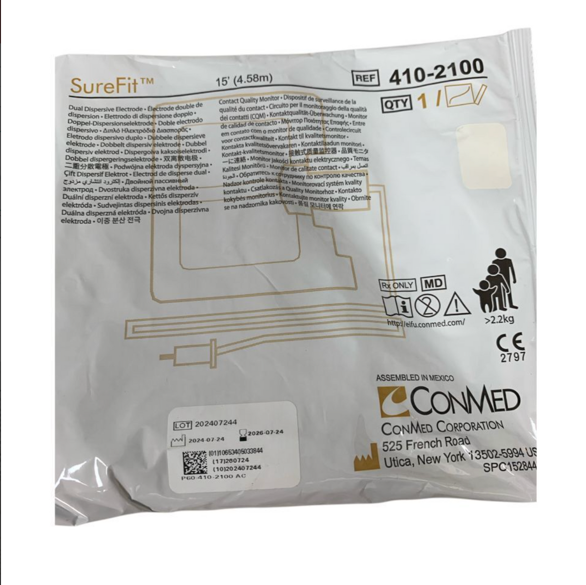 CONMED 410-2100 SureFit Dual Dispersive Electrode 15' 4.58m Exp 2026 07