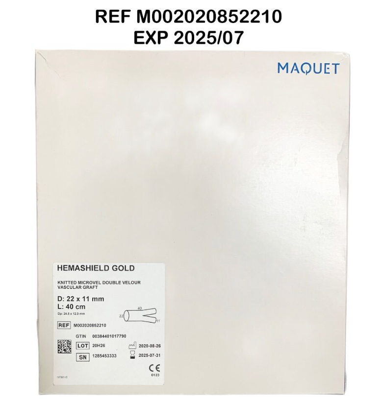MAQUET M002020852210 HEMASHIELD GOLD KNITTED MICROVEL DOUBLE VELOUR VASCULAR GRAFT D: 22 x 11 mm L: 40 cm EXP 2025 07