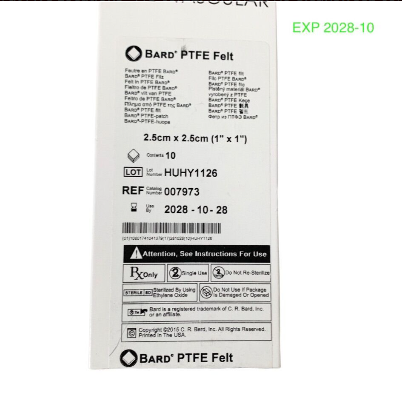 BARD 007973 Peripheral Vascular 007973 PTFE Felt 1" x 1" (2.5cm x 2.5cm) Box of 10 EXP.2028 10