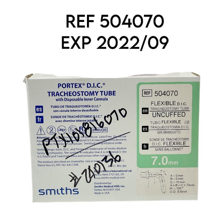 SMITHS MEDICAL 504070 PORTEX UNCUFFED FLEX D.I.C. TRACHEOSTOMY TUBE 7MM EXP 2022 09