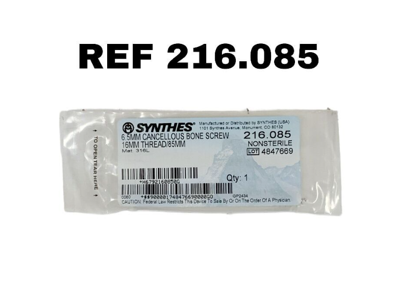 SYNTHES 216.085 6.5MM CANCELLOUS BONE SCREW 16MM THREAD 85MM